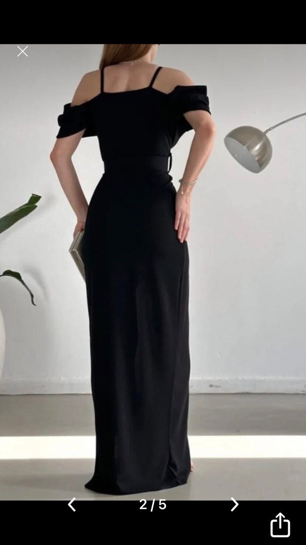 Siyah V Yaka Uzun Abiye Elbise - Görsel 2