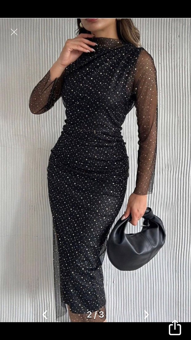 Siyah Parıltılı Puantiyeli Uzun Elbise - Görsel 2