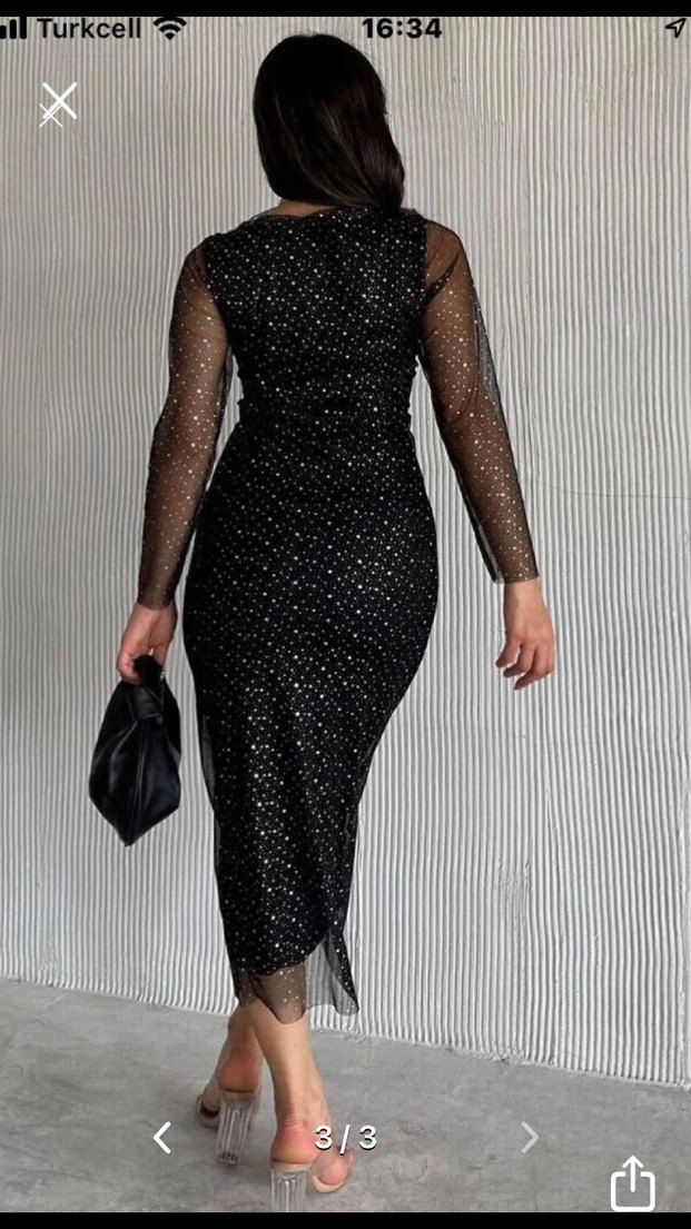 Siyah Parıltılı Puantiyeli Uzun Elbise - Görsel 3