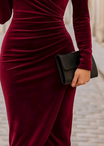 Bordo Drapeli V Yaka Uzun Kadın Elbise - Görsel 3