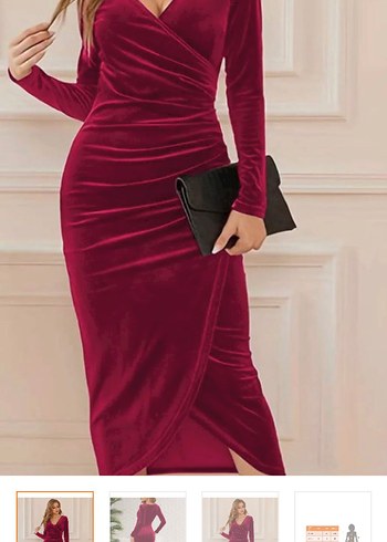 Bordo Drapeli V Yaka Uzun Kadın Elbise - Görsel 2