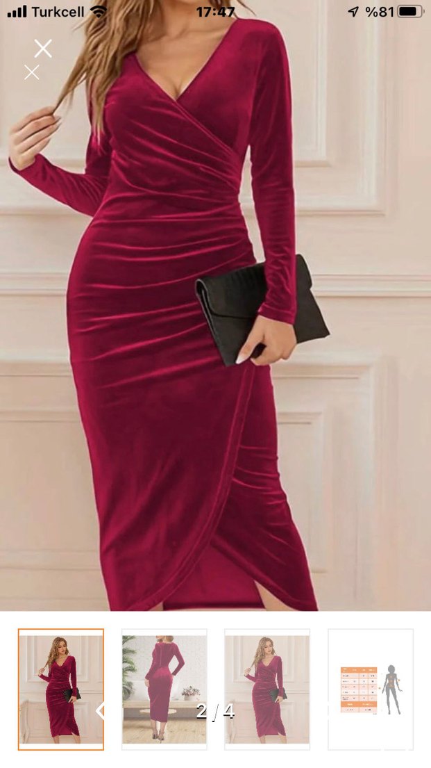 Bordo Drapeli V Yaka Uzun Kadın Elbise - Görsel 2