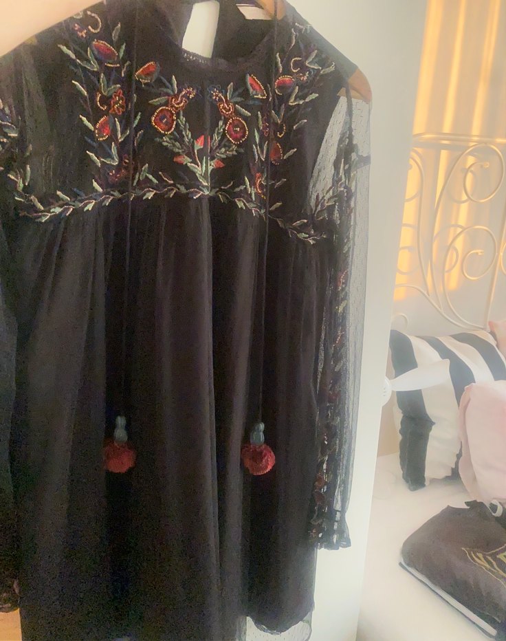 Nakışlı Püsküllü mini Siyah Bohem Elbise - Görsel 4