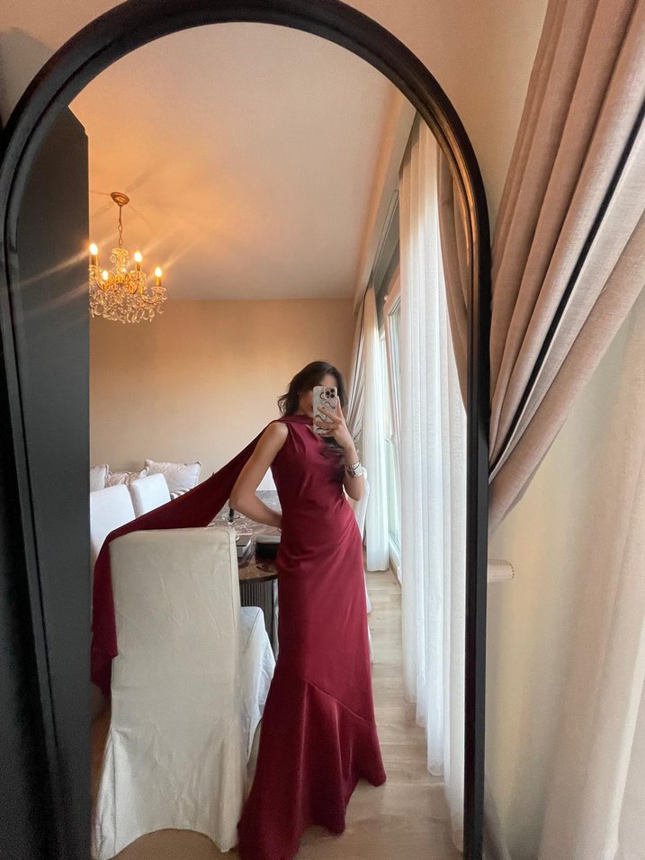 Bordo Drapeli Uzun çapraz askılı Kadın Elbise - Görsel 3