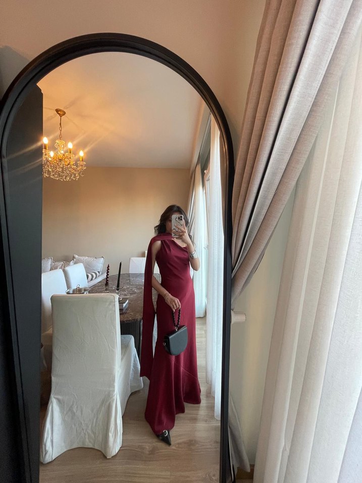 Bordo Drapeli Uzun çapraz askılı Kadın Elbise - Görsel 2