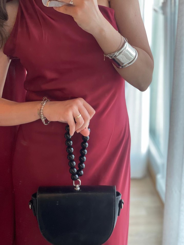 Bordo Drapeli Uzun çapraz askılı Kadın Elbise - Görsel 4