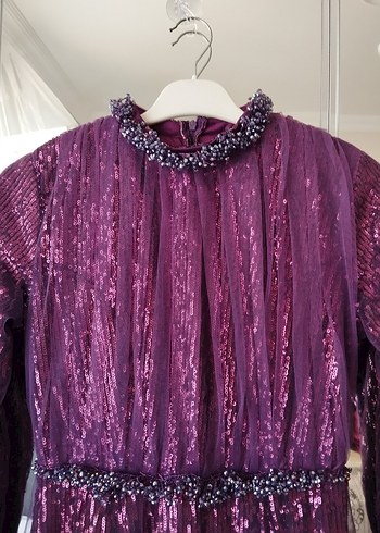 Mor İşlemeli Uzun Kollu Uzun Abiye Elbise - Görsel 3