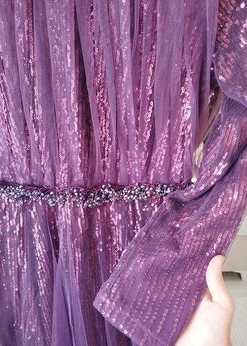 Mor İşlemeli Uzun Kollu Uzun Abiye Elbise - Görsel 4