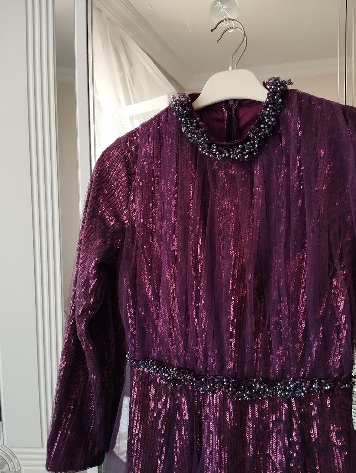 Mor İşlemeli Uzun Kollu Uzun Abiye Elbise - Görsel 2