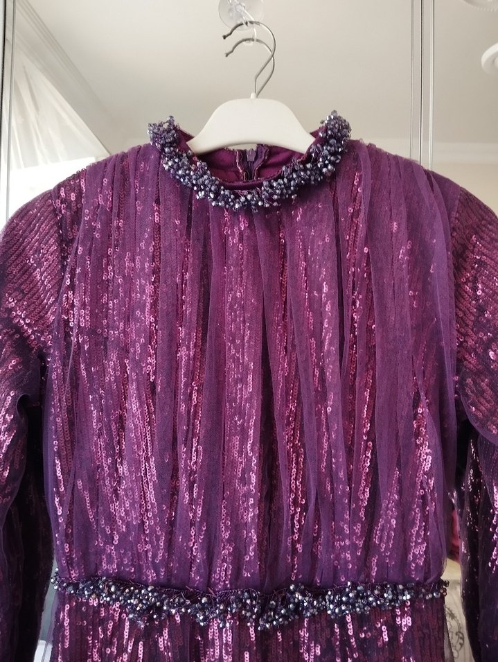 Mor İşlemeli Uzun Kollu Uzun Abiye Elbise - Görsel 3