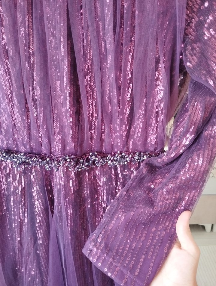 Mor İşlemeli Uzun Kollu Uzun Abiye Elbise - Görsel 4