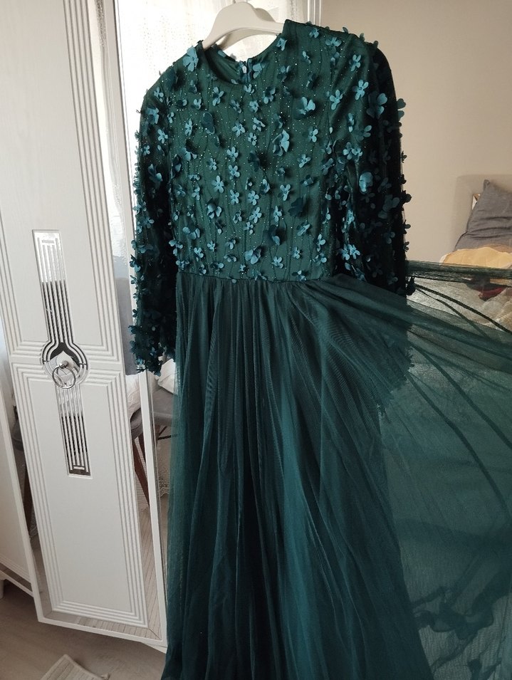 Uzun Kollu Turkuaz Nakışlı Bohem Nişan Elbisesi - Görsel 2