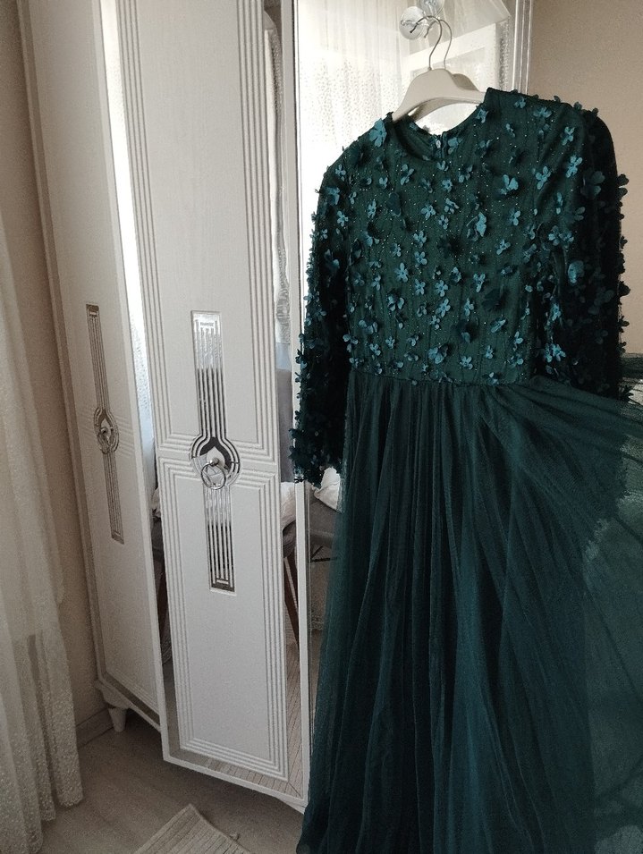 Uzun Kollu Turkuaz Nakışlı Bohem Nişan Elbisesi - Görsel 3