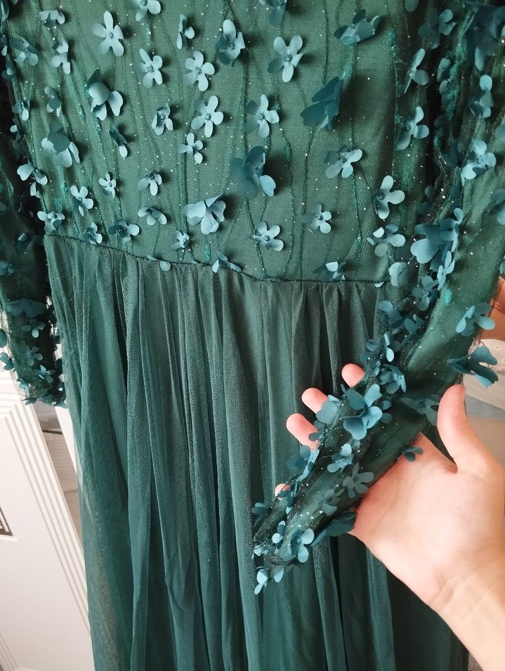 Uzun Kollu Turkuaz Nakışlı Bohem Nişan Elbisesi - Görsel 4