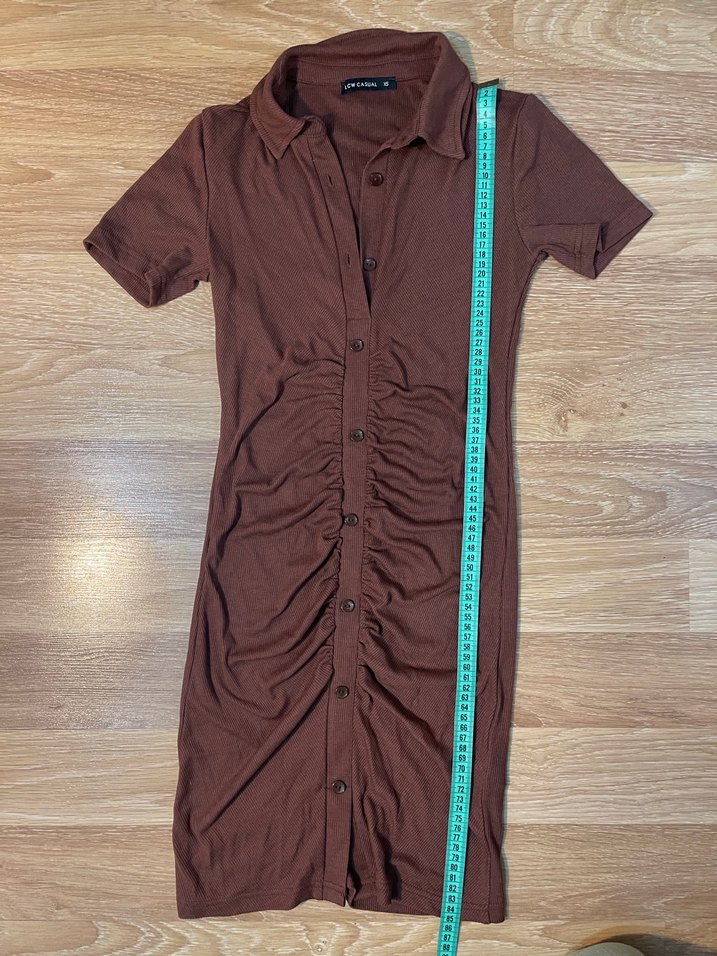 Düğmeli Kahverengi Kısa Kollu Fit Elbise - Görsel 4