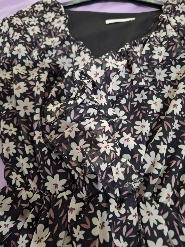 Kadın Mor Çiçekli Uzun Kollu Midi Elbise - Görsel 3