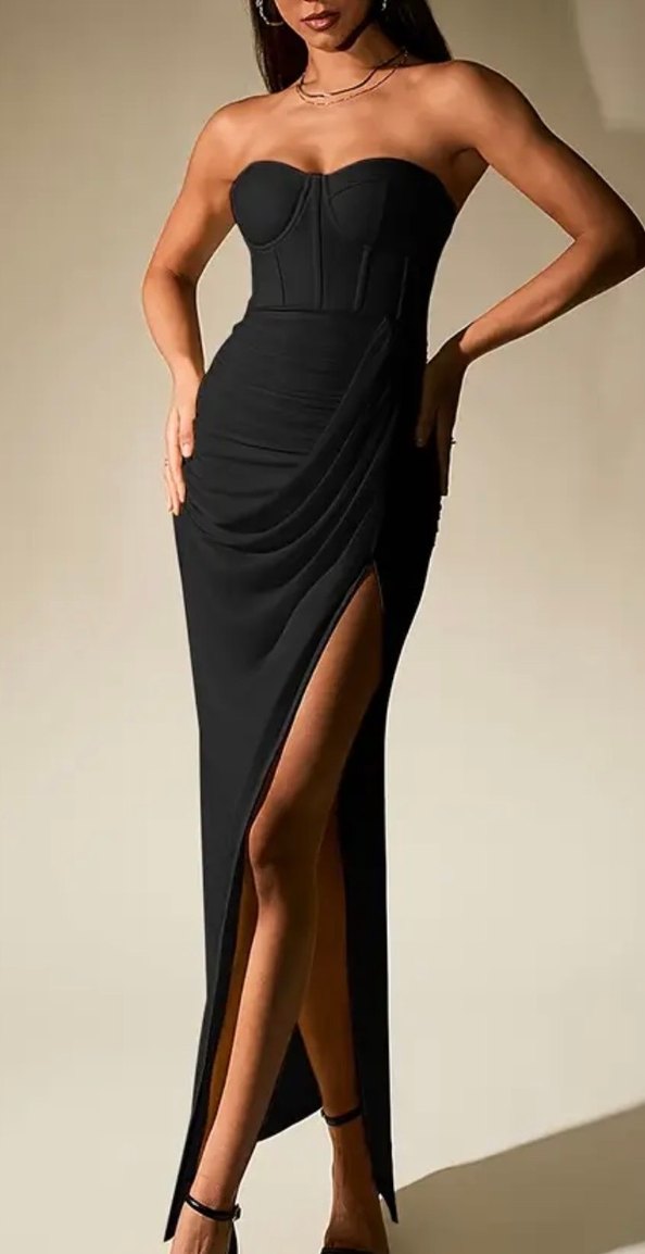 Siyah Drapeli Straplez Uzun Yırtmaçlı Kadın Elbise - Görsel 3