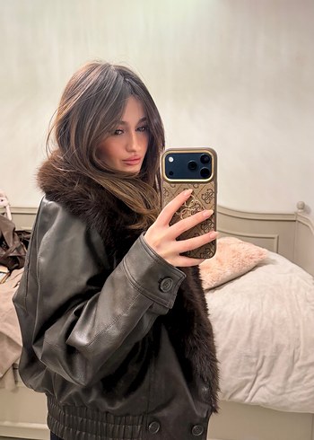 Kahverengi Kısa Kürklü Deri Ceket - Görsel 4