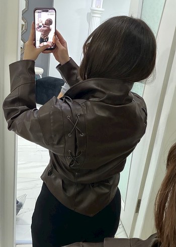 Kahverengi Deri Kemerli Kadın Ceket - Görsel 6