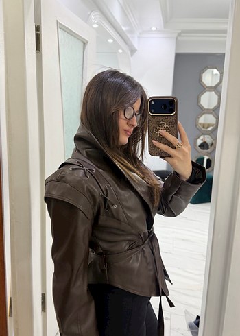 Kahverengi Deri Kemerli Kadın Ceket - Görsel 3