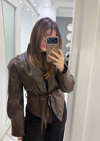 Kahverengi Deri Kemerli Kadın Ceket - Görsel 5