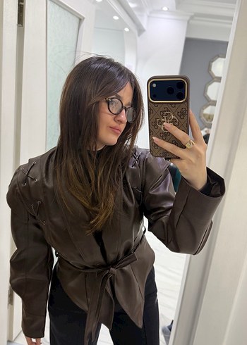 Kahverengi Deri Kemerli Kadın Ceket - Görsel 2