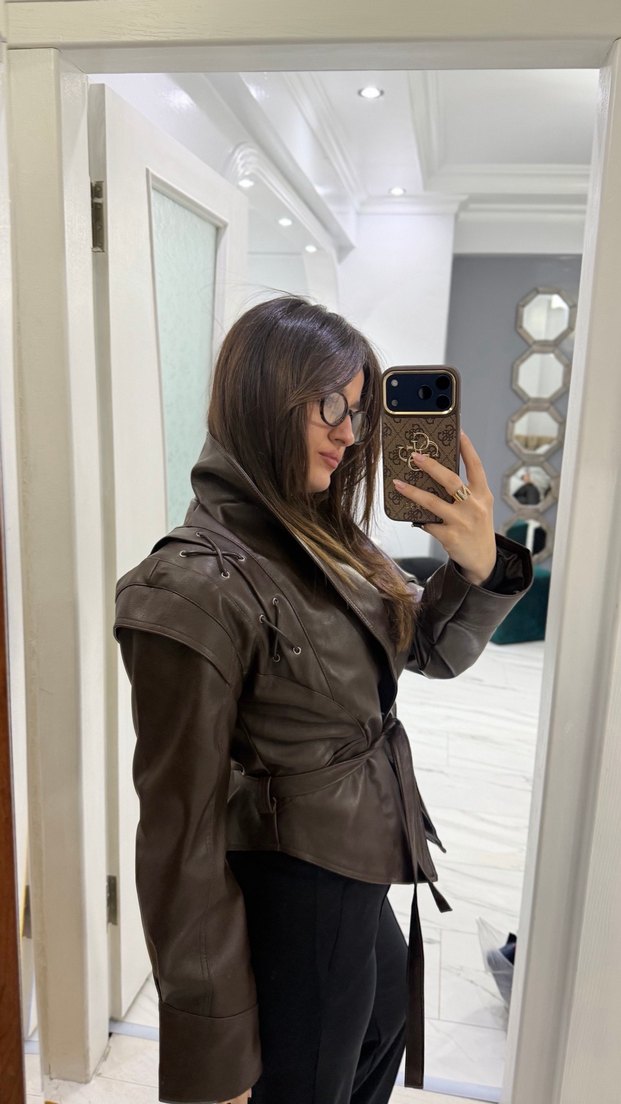 Kahverengi Deri Kemerli Kadın Ceket - Görsel 3