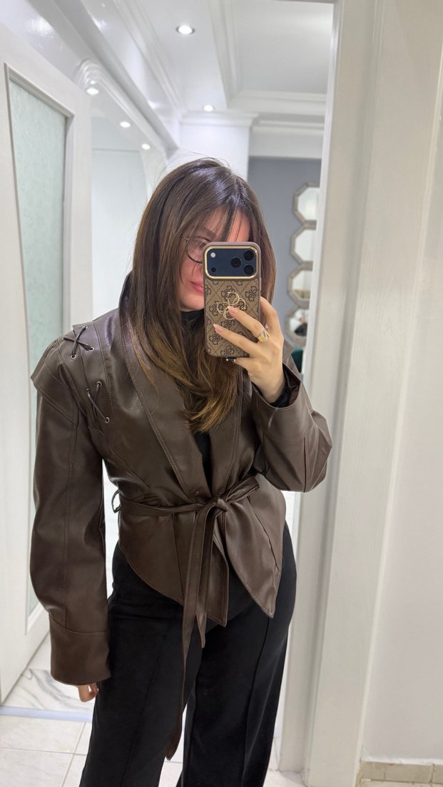 Kahverengi Deri Kemerli Kadın Ceket - Görsel 5