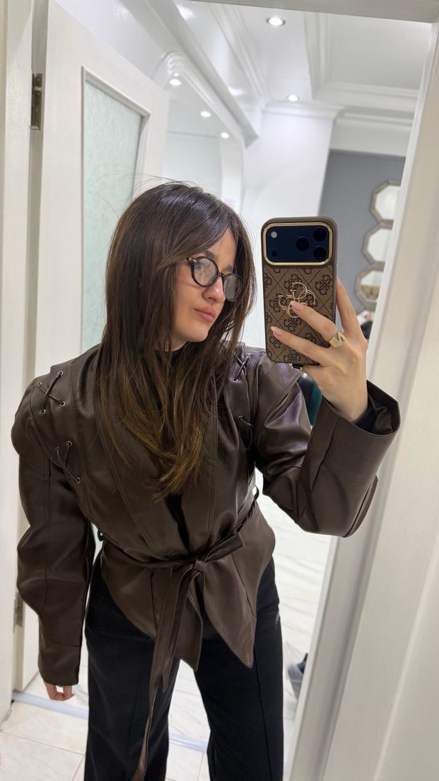 Kahverengi Deri Kemerli Kadın Ceket - Görsel 2