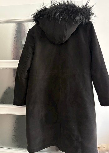 Kürk Detaylı Siyah Süet Kadın Mont - Görsel 4