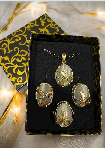 Beden Etnik Desenli Kedigözü Doğal Taş 3lü Takı Seti Kolye Küpe Yüzük