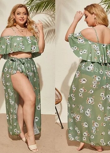 Kadın Çiçekli Büyük Beden Bikini Mayokini Pareo Seti