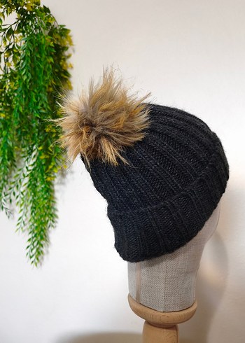 Ponponlu Bayan Örgü Bere Füme Antrasit - Görsel 2