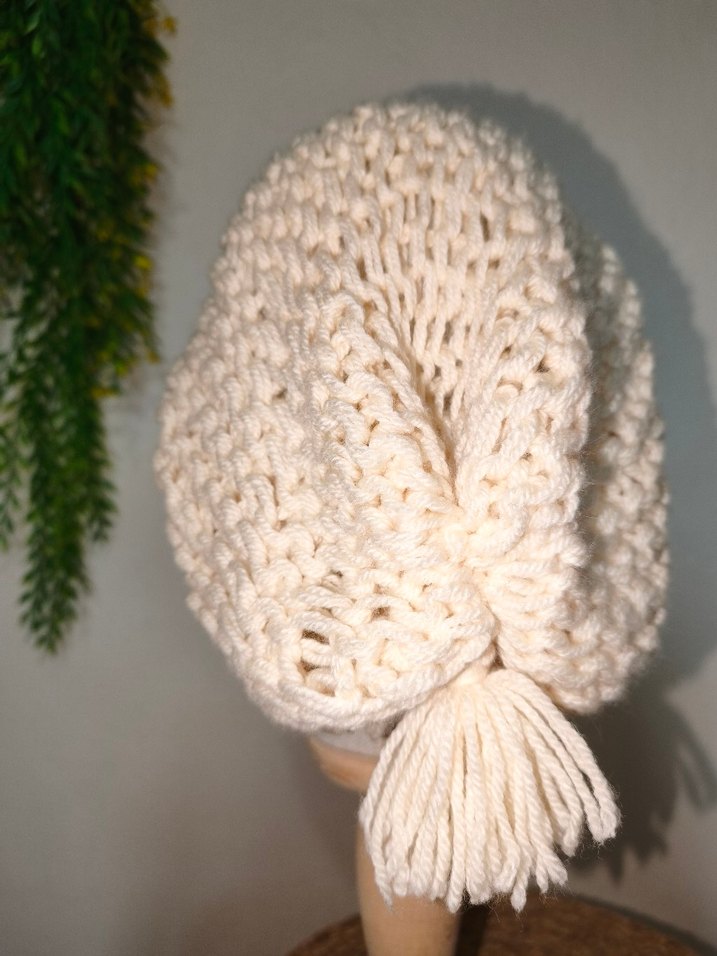 Bohem Tarz Krem Örgü Kadın  Bere El Emeği Slouchy Bere - Görsel 4