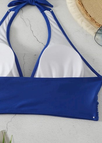 46 Beden lacivert Renk Kadın Plus Beden V Yaka Halter Boyun Mayo Bikini Üstü Saks mavi