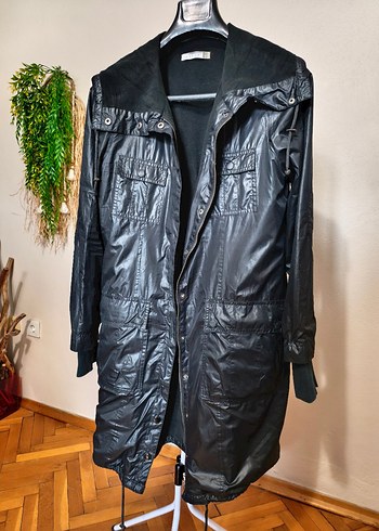 Siyah Koton Kadın Kapüşonlu Yağmurluk Parka Bel Lastikli - Görsel 2