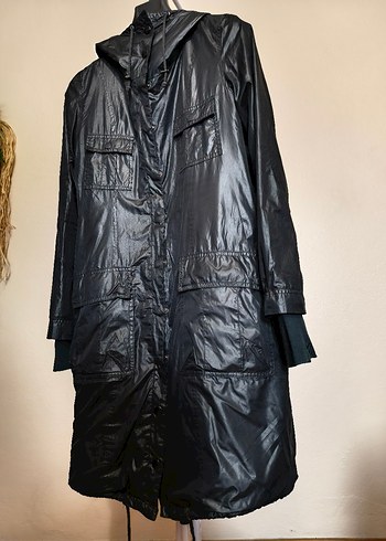 Siyah Koton Kadın Kapüşonlu Yağmurluk Parka Bel Lastikli - Görsel 3