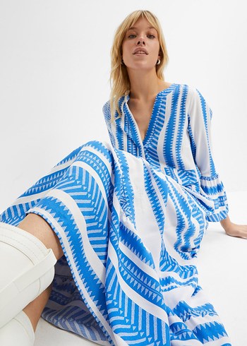 Bonprix Bohem Tarzda Mavi / Beyaz Çizgili Maxi Elbise 50 / 5XL