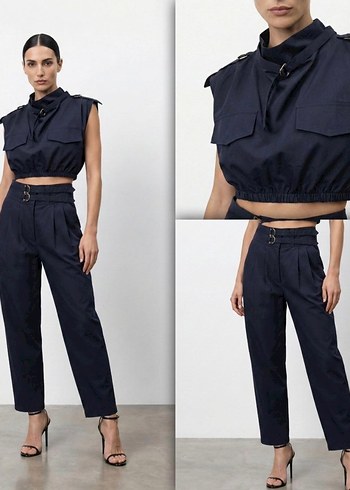 Quzu Lacivert Siklik Yuksek Bel Pantolon Ve Crop Ust Takim