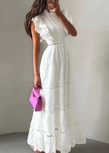 Zara Romantik Beyaz Brode Uzun Elbise