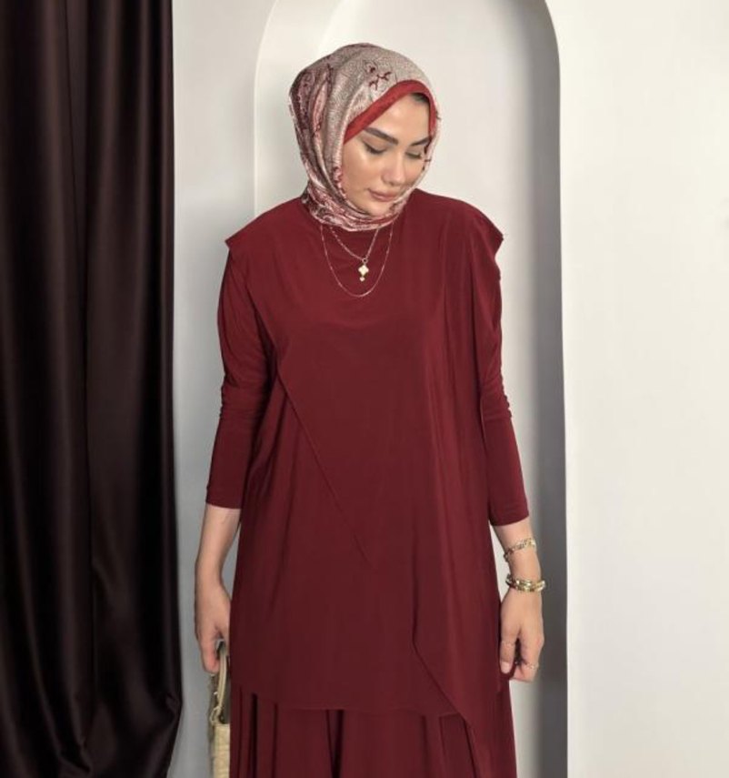 Bordo Kadın Salaş Uzun Takım 1/2 beden - Görsel 4