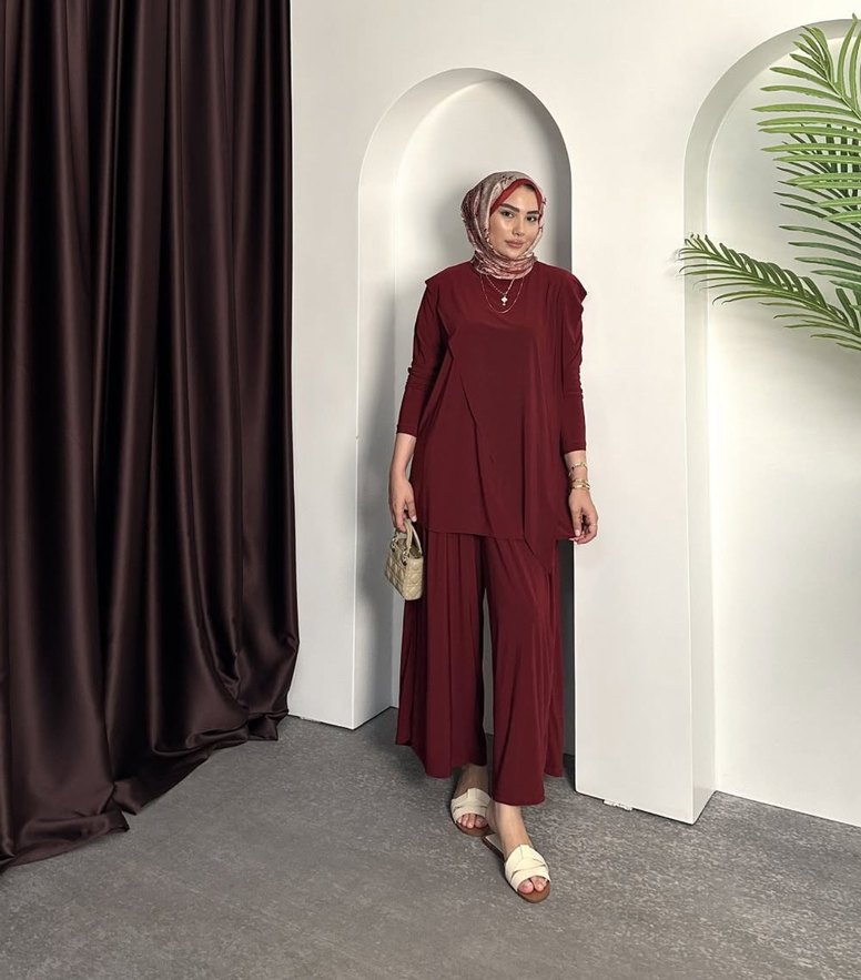 Bordo Kadın Salaş Uzun Takım 1/2 beden - Görsel 2