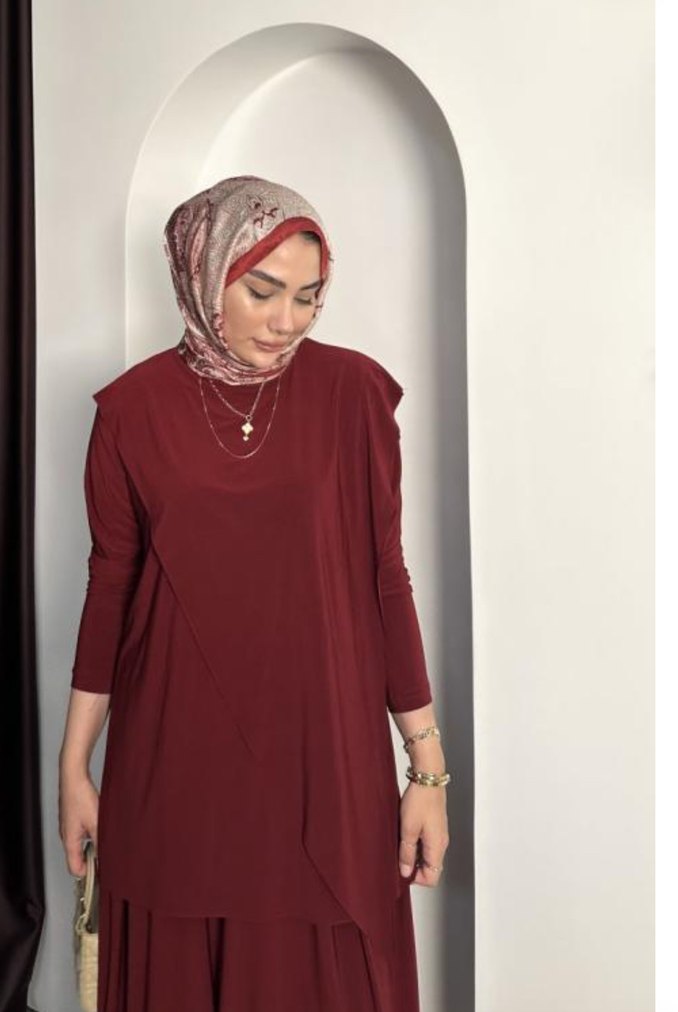 Bordo Kadın Salaş Uzun Takım 1/2 beden - Görsel 3