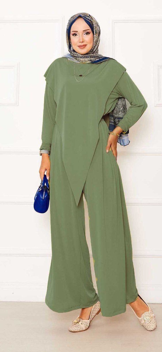 Kadın Kemerli Uzun Kollu Haki Takım - Görsel 4