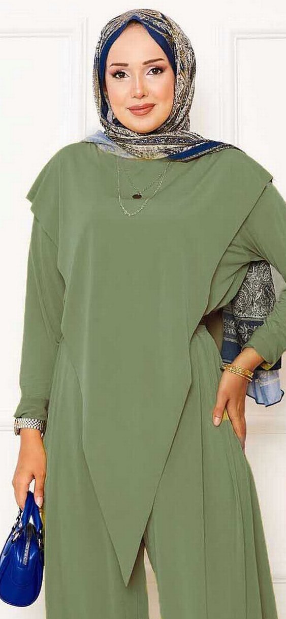 Kadın Kemerli Uzun Kollu Haki Takım - Görsel 2