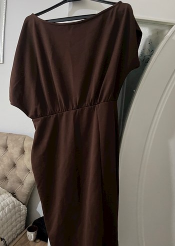 Drapeli V Yaka Kahverengi Midi Hamile Elbisesi - Görsel 2