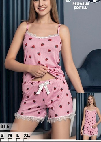 Pembe bağlamalı desenli kısa pijama takımı