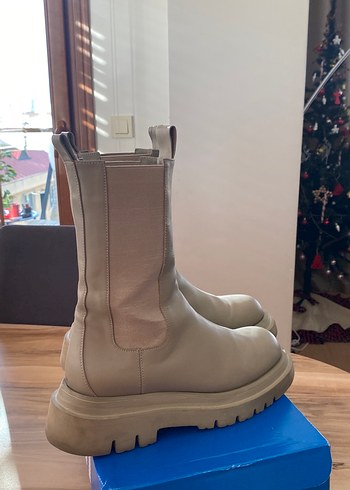 Bej Deri Platform Topuklu Kadın Bot - Görsel 3