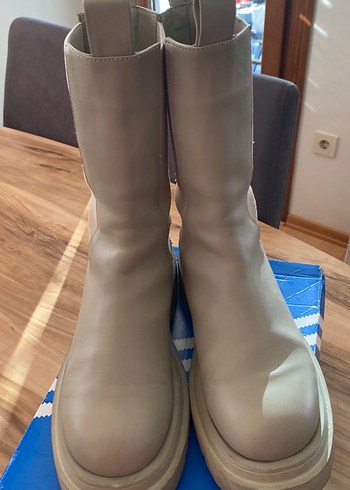 Bej Deri Platform Topuklu Kadın Bot - Görsel 5