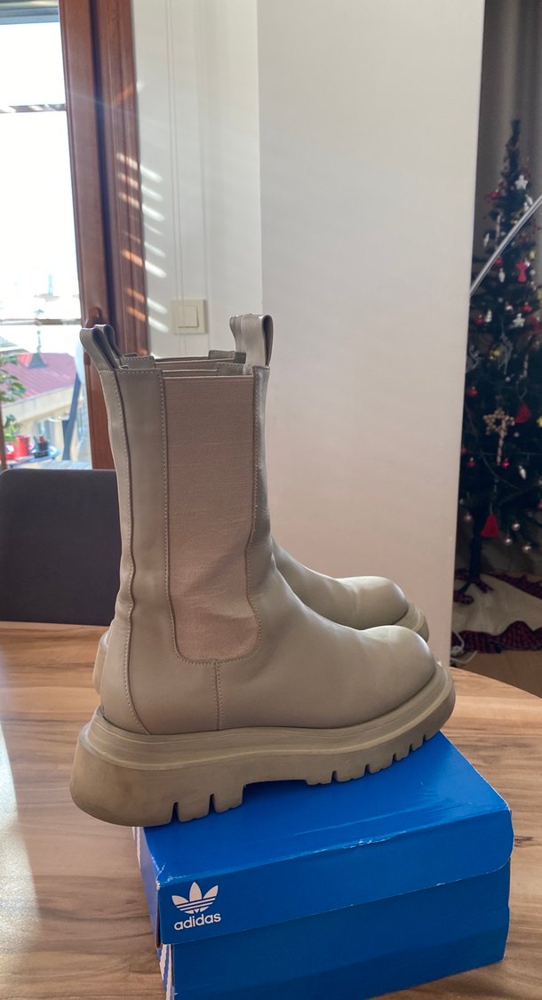 Bej Deri Platform Topuklu Kadın Bot - Görsel 3